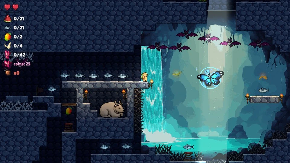 Lily the Capybara: a hidden cave with a waterfall and a mystic blue butterfly